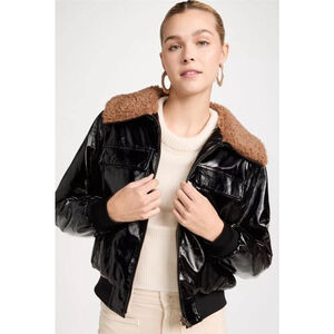 MOTHER Faux Leather Pilot Jacket Don’t Crash Faux Fur Bomber Jacket Black Sz XL